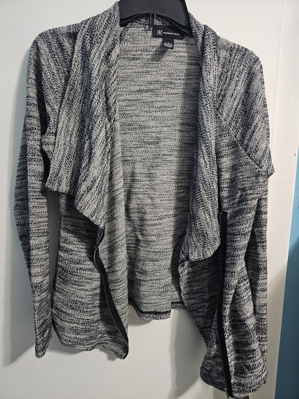 INC International Concepts Black and Gray Marled Open-Front Draped Jacket
